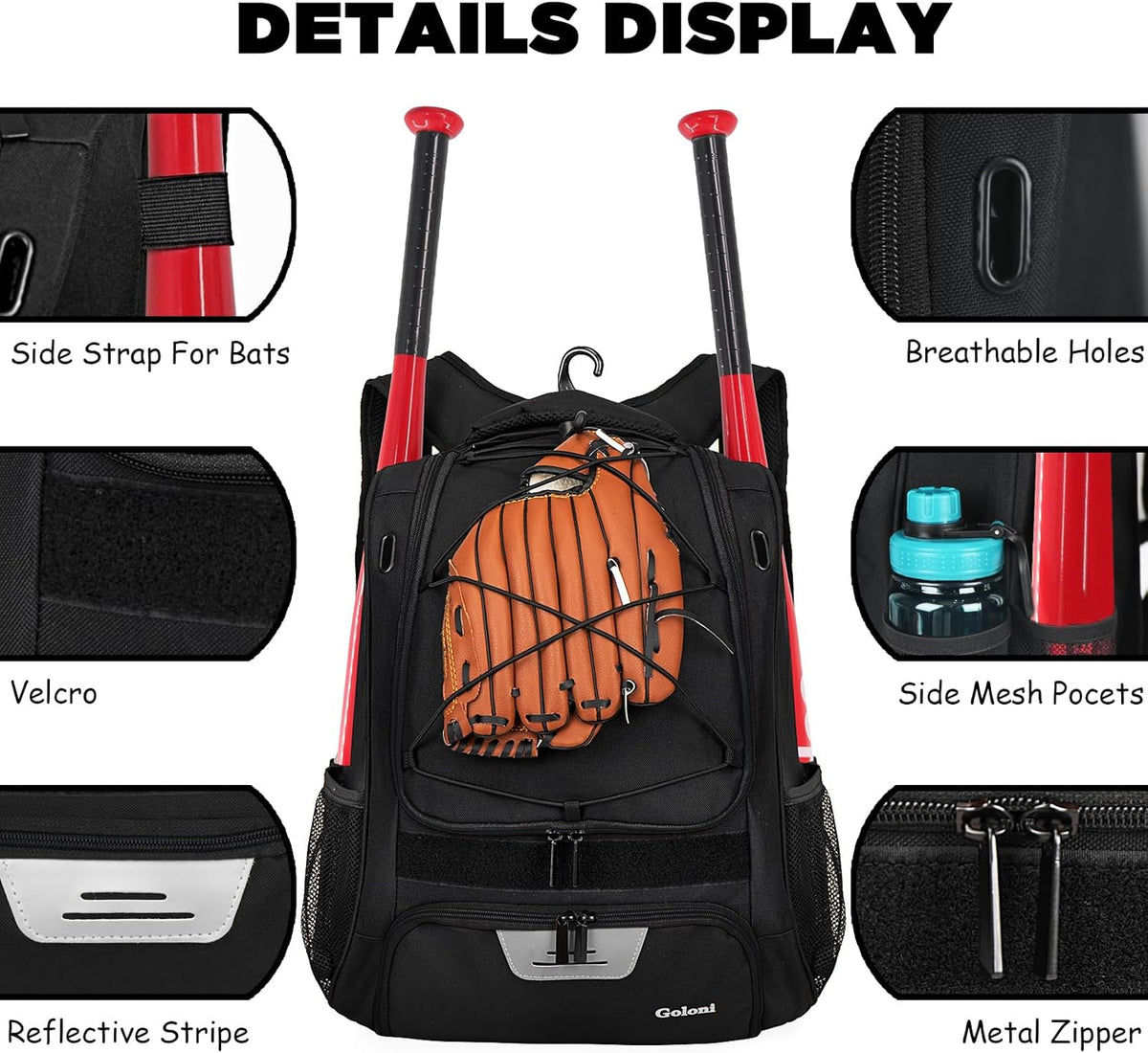 Softball Bag,Baseball Bag with Shoes Compartment and 2 Bat Holders