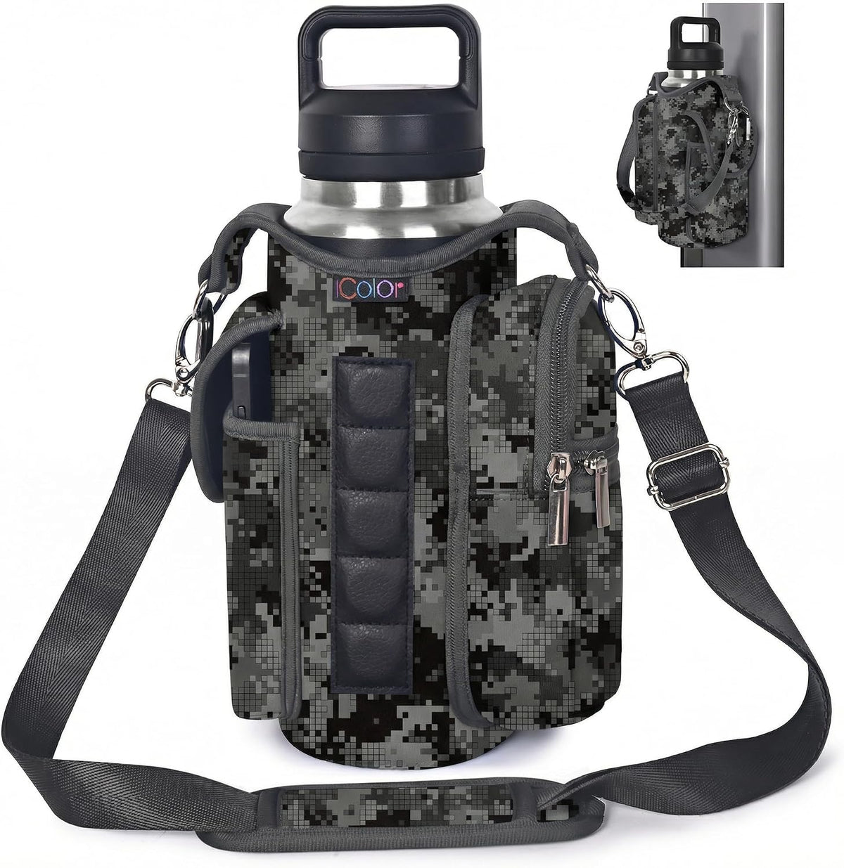 Magnetic Gym Bag Water Bottle Carrier Holder with Phone Pockets & Strap,Gym Magnetic Bag 5 Built-In Magnets Men Women Gym Accessories Organizer Sling Bottle Pouch Sleeve (Neoprene, Gray&Black)