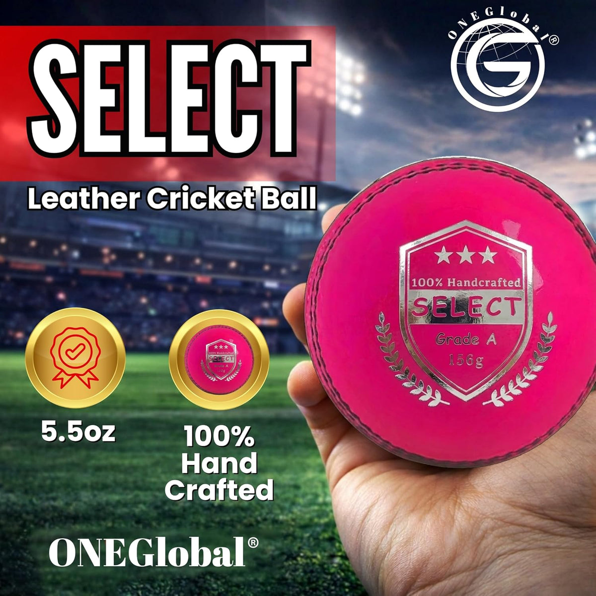 Select Leather Cricket Ball for Match, Practice & Training | Senior 5.5Oz & Junior 4.75Oz Genuine Leather Hard Cricket Balls in Red, White, Pink or Red&White