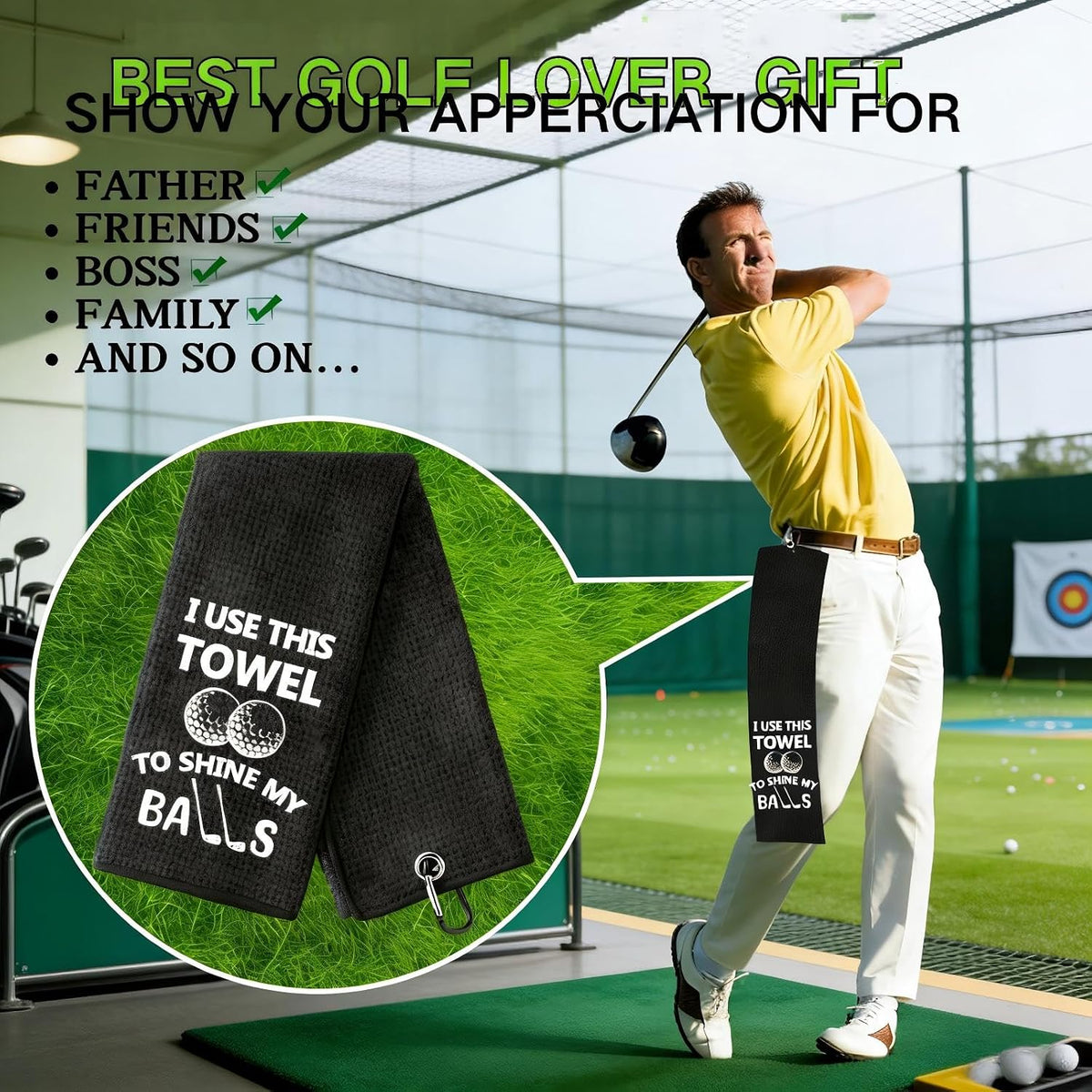 Ultimate Golf Towel & Keychain Set – Funny Microfiber Towel with Clip & Stainless Steel Golf Ball Keychain for Passionate Golfers