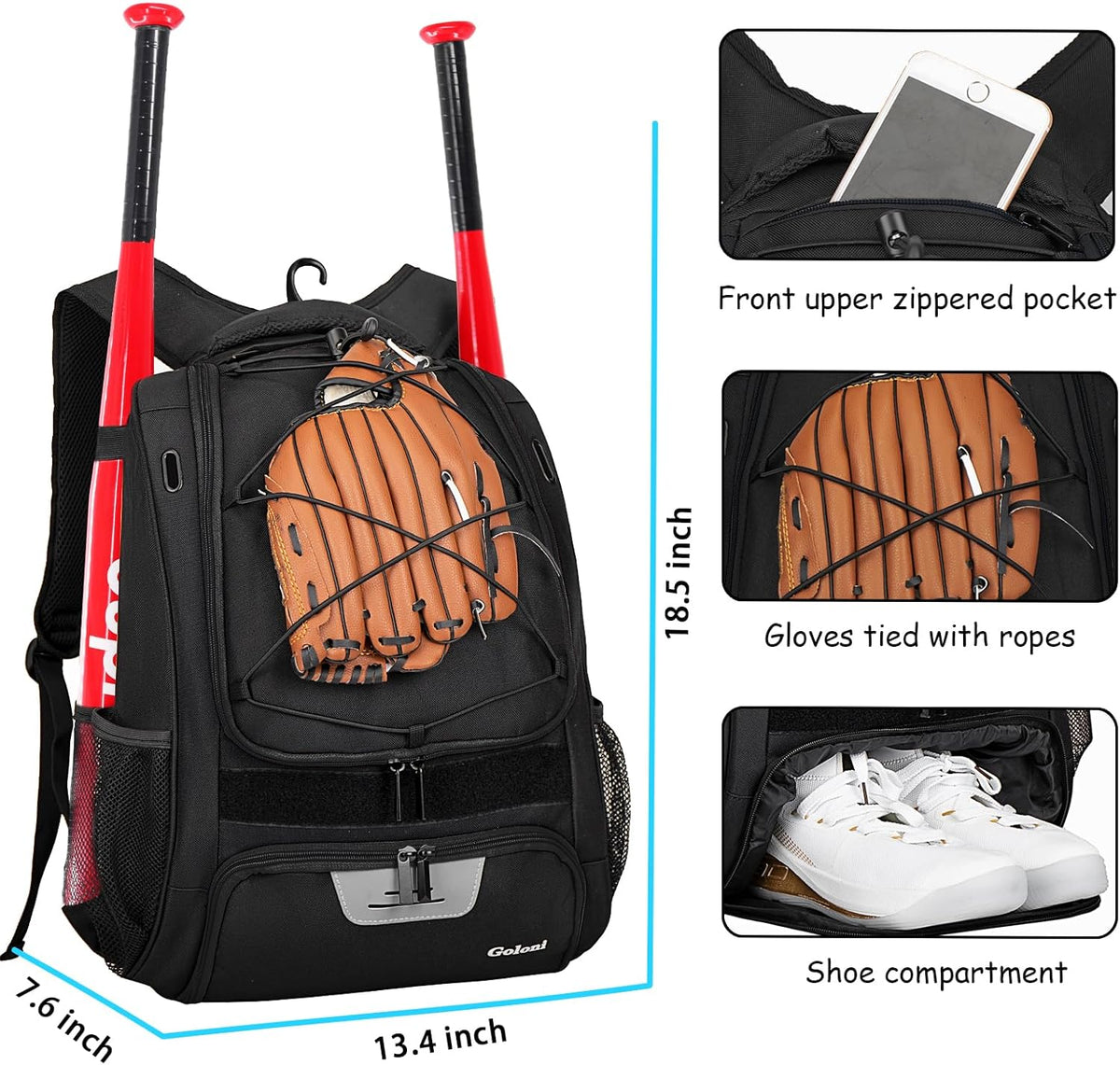 Softball Bag,Baseball Bag with Shoes Compartment and 2 Bat Holders