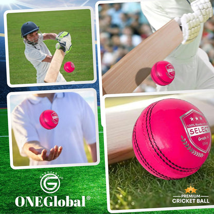 Select Leather Cricket Ball for Match, Practice & Training | Senior 5.5Oz & Junior 4.75Oz Genuine Leather Hard Cricket Balls in Red, White, Pink or Red&White