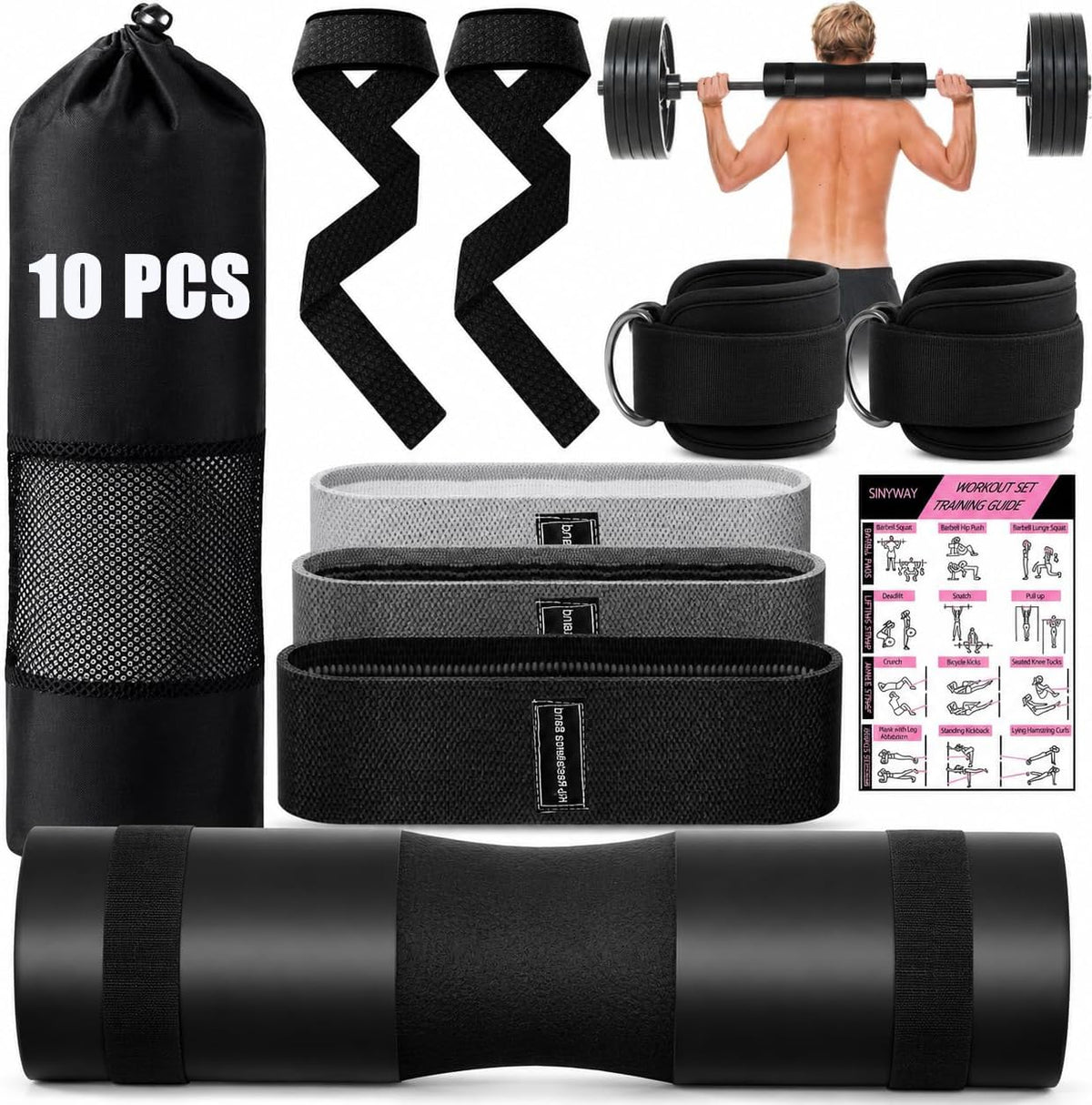 Ultimate Barbell Pad Set for Squats and Hip Thrusts – 9-Piece Foam Weight Lifting Kit with Ankle Straps, Resistance Bands, and Carry Bag