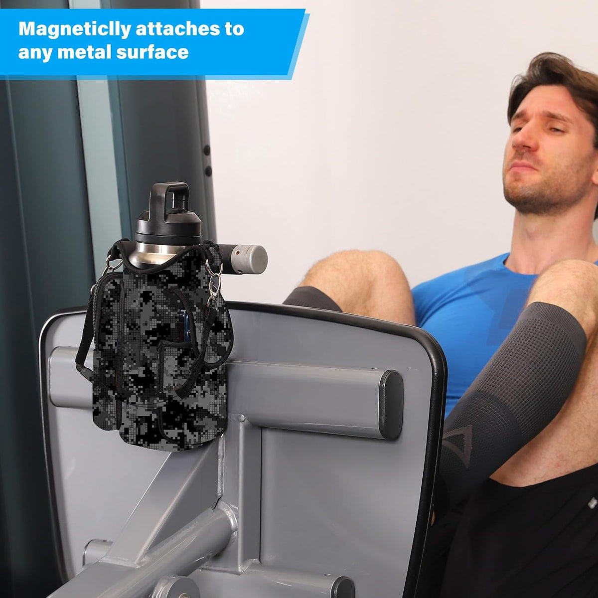 Magnetic Gym Bag Water Bottle Carrier Holder with Phone Pockets & Strap,Gym Magnetic Bag 5 Built-In Magnets Men Women Gym Accessories Organizer Sling Bottle Pouch Sleeve (Neoprene, Gray&Black)
