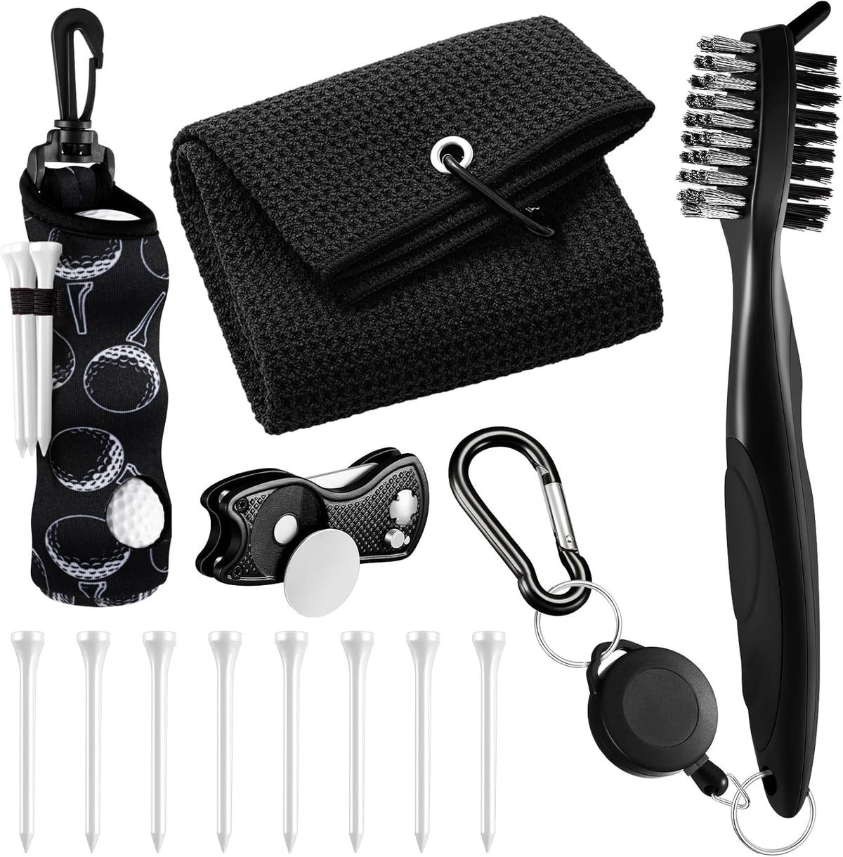 Ultimate 12-Piece Golf Accessories Kit for Women – Stylish Black Golf Tees, Towel, Ball Bag, and More!