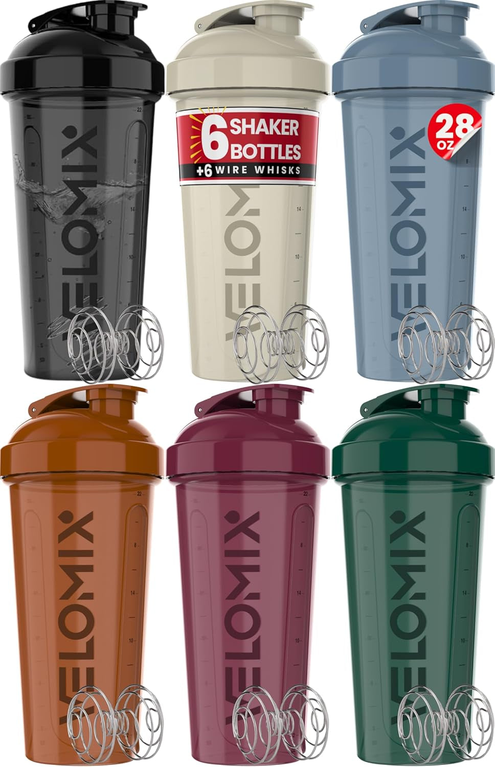 -6 PACK- Shaker Cups for Protein Shakes 28 Oz - 6X Wire Whisk | Leak Proof Protein Shaker Bottle Pack for Pre & Post Workout
