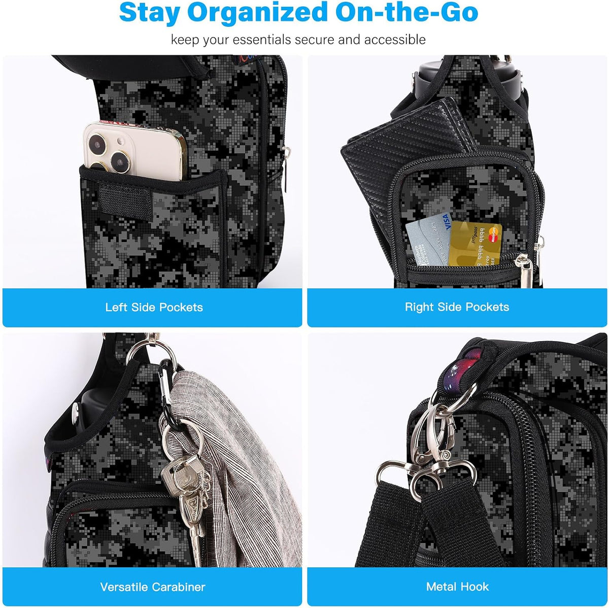 Magnetic Gym Bag Water Bottle Carrier Holder with Phone Pockets & Strap,Gym Magnetic Bag 5 Built-In Magnets Men Women Gym Accessories Organizer Sling Bottle Pouch Sleeve (Neoprene, Gray&Black)