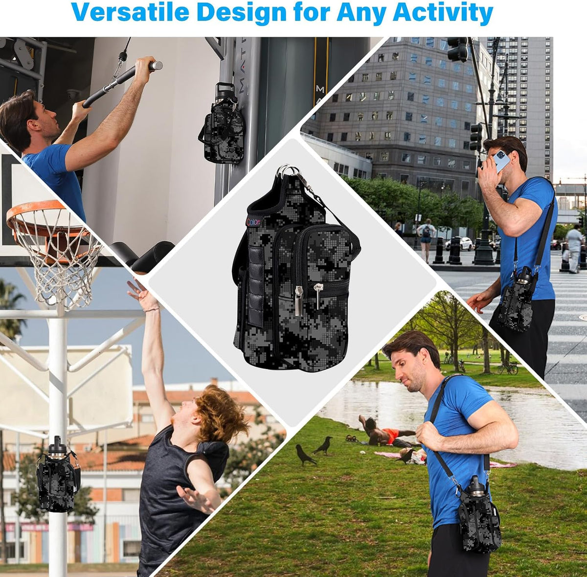 Magnetic Gym Bag Water Bottle Carrier Holder with Phone Pockets & Strap,Gym Magnetic Bag 5 Built-In Magnets Men Women Gym Accessories Organizer Sling Bottle Pouch Sleeve (Neoprene, Gray&Black)