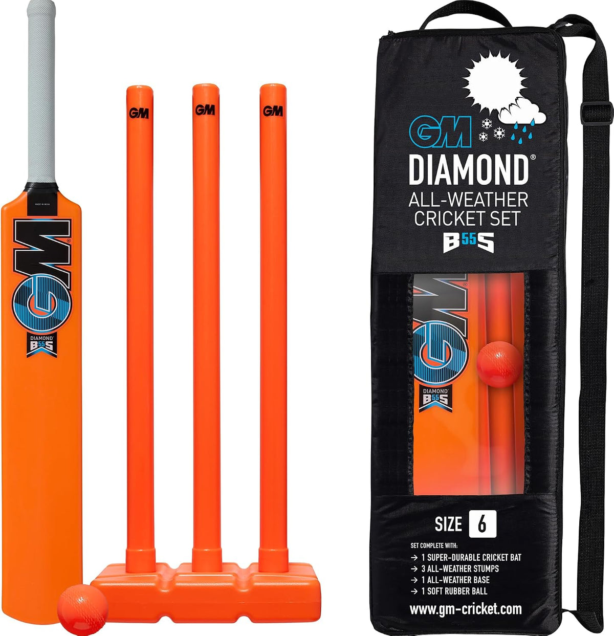 GM Kids Cricket Set | Rubber Grip Bat, Soft Ball & Wicket Stumps | Moulded Plastic All-Weather | for Children Ages 4-8 or 8-11