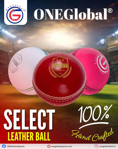Select Leather Cricket Ball for Match, Practice & Training | Senior 5.5Oz & Junior 4.75Oz Genuine Leather Hard Cricket Balls in Red, White, Pink or Red&White