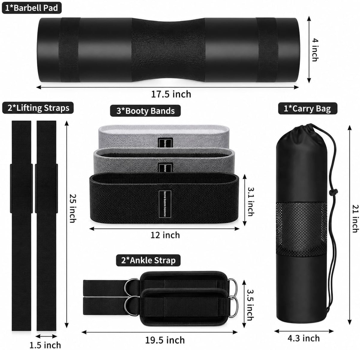 Ultimate Barbell Pad Set for Squats and Hip Thrusts – 9-Piece Foam Weight Lifting Kit with Ankle Straps, Resistance Bands, and Carry Bag