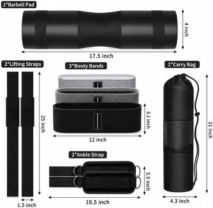 Ultimate Barbell Pad Set for Squats and Hip Thrusts – 9-Piece Foam Weight Lifting Kit with Ankle Straps, Resistance Bands, and Carry Bag