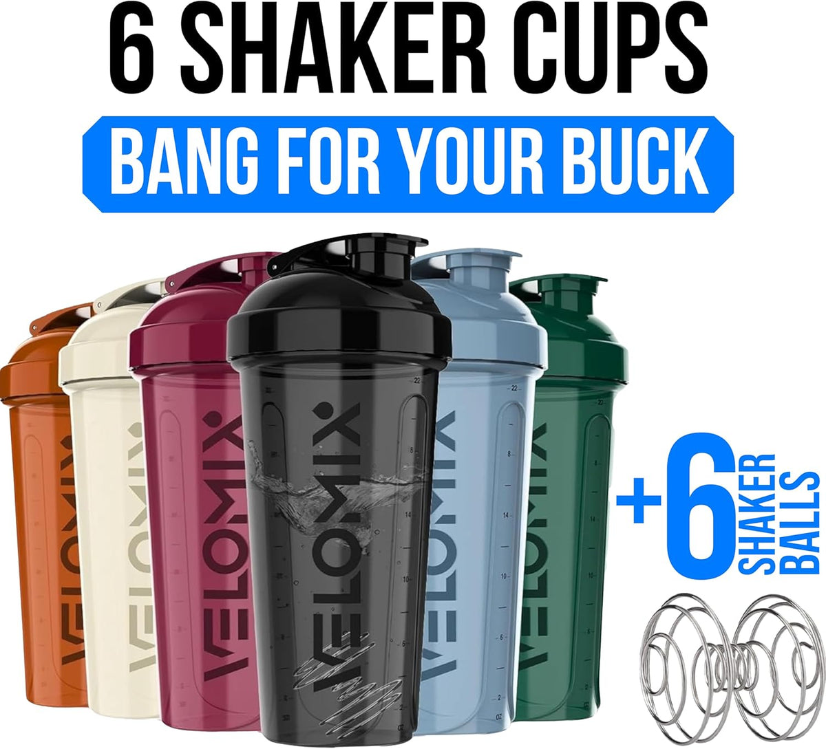 -6 PACK- Shaker Cups for Protein Shakes 28 Oz - 6X Wire Whisk | Leak Proof Protein Shaker Bottle Pack for Pre & Post Workout