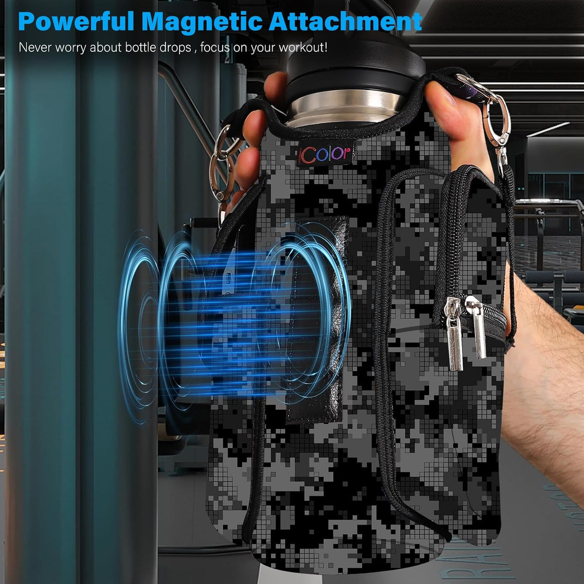 Magnetic Gym Bag Water Bottle Carrier Holder with Phone Pockets & Strap,Gym Magnetic Bag 5 Built-In Magnets Men Women Gym Accessories Organizer Sling Bottle Pouch Sleeve (Neoprene, Gray&Black)
